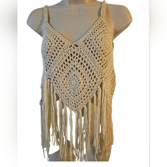 Hand Crafted Granny Square Crochet Top Summer Swimwear Beige Handmade Rhombus - Picture 4 of 17